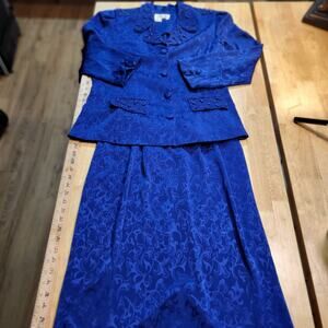 In The Mood Vintage Blue Beaded Two piece 80s Suit Set Collared Elastic Pockets
